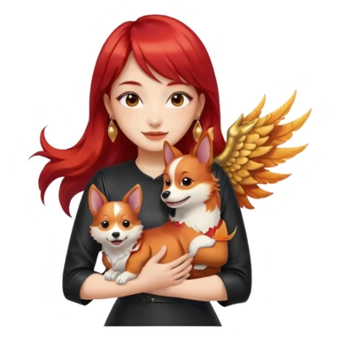 Asian girl with long hair and wispy bangs, black leather dress, gold earrings, subtle false lashes, 3/4 sleeve tattoo with phoenix and dragon on left arm, hugging joyful red head tri-color corgi sticker