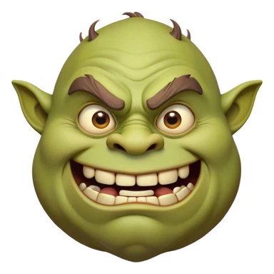 Cinematic Comical Ogre Portrait Emoji, with a strikingly exaggerated, bulky figure in vivid earthy greens and browns, head tilted in a dramatically surprised expression with wide, comically bulging eyes and a goofy, oversized grin, simplified yet hilariously exaggerated, highly detailed with a soft, cartoonish glowing outline capturing the playful absurdity of a meme-worthy ogre! sticker