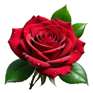 Cinematic Realistic Rose Emoji, Elegant and full of grace, with velvety, deep red petals unfurling in a perfect bloom, dew drops glistening on the soft edges, and a faint fragrance hanging in the air. The lush green leaves surround the stem, creating a vibrant contrast to the rich color of the petals. Soft glowing outline, capturing the essence of timeless beauty and romance in a single bloom. sticker