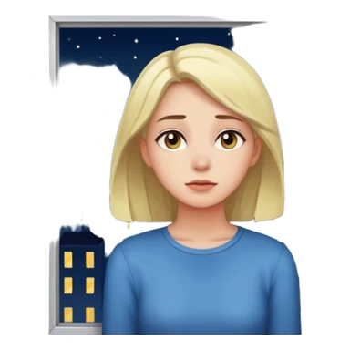 young woman gazing out a window at night, city lights outside, feeling lonely sticker