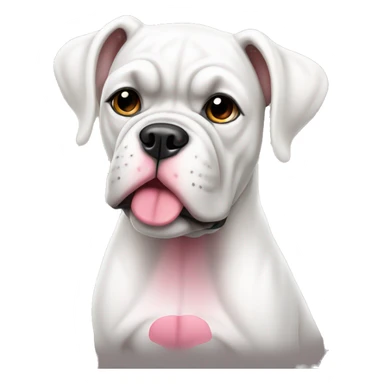 Sitting white boxer dog with pink nose sticker