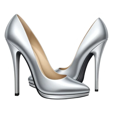 A pair of high heel shoes emoji made of polished silver chrome, elegant sharp silhouette, smooth metallic surface, glossy reflections, luxury sexy vibe, minimalistic iOS emoji style, centered, clean white background sticker