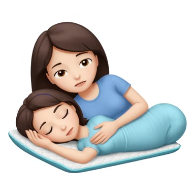  a brunette girl lying down on her side, holding a warm heating pad against her lower belly. She's uncomfortable and sad, her posture should show she’s having menstrual cramps. Use simple lines, rounded shapes, soft colors, and a clean emoji aesthetic. Make it expressive but still adorable sticker