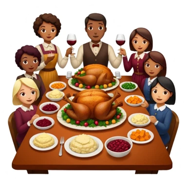 Thanksgiving Dinner with 10 people of different races around the table; have the food be a cooked turkey, mashed potatoes, corn, a basket of biscuits, a small bowl of cranberry sauce, baked yams, steamed vegetables, and a bottle of wine. sticker