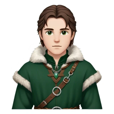 Medieval winter outfit worn by a DnD themed fantasy male character. Double-layered hunter green wool tunic with sable fur collar, featuring silver chain closures and a thick braided leather belt with iron fittings. Clothes only above the waist, full waist coverage. The character has no arms. Character is white-skinned with rich brown hair, amber-flecked eyes, and medium-length straight hair with ice-rimmed edges. sticker