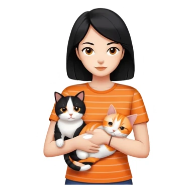 Shoulder length, black hair woman wearing short sleeves, holding an orange cat, with a orange cat with stripes, black and white cat and a calico cat surrounding her at home sticker