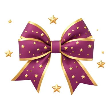 sparkly burgundy bow with gold outline and stars, metallic chrome shine sticker