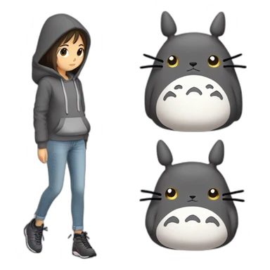 Fille Brune avec un sweat-capuche Totoro gris foncé avec les rond clair de Totoro sur ventre  sticker