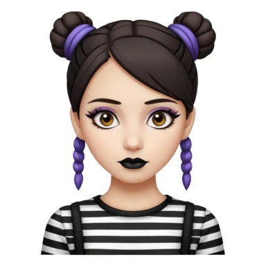 generate a pretty fair bratz girl with dark brown eyes. Dark brown hair straight hair with coloured highlights tied into buns.  eyeliner. black lipstick. Wearing a white and black striped top sticker
