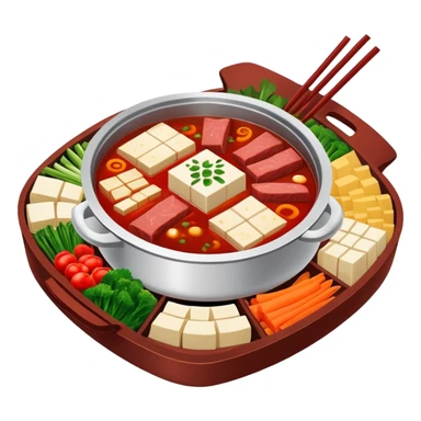 Chongqing Nine-grid Hot Pot with divided sections and spicy red broth, simplified emoji style with bold outlines and bright colors, cartoon style square Jiugongge Huoguo sticker