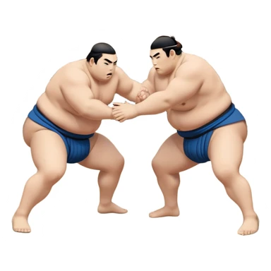 Two sumo wrestlers in a classic dohyo ring, each displaying powerful stances and ready to engage in a fierce match. One wrestler attempts a pushing attack, while the other counters with a thrust. The background shows the traditional sumo arena and spectators. Transparent background. sticker