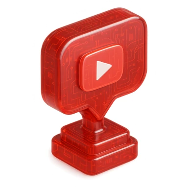 red speech bubble trophy with YouTube play button in center, glossy circuit style sticker