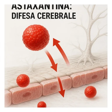 hyper realistic red astaxanthin molecule crossing a blood-brain barrier, clinical atmosphere, white background, red arrows indicating passage, with text 'Astaxantina: difesa cerebrale' sticker