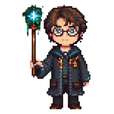 Harry Potter holding a magic wand in pixel art style sticker