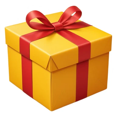 box with yellow wrapping paper and a length of red ribbon surrounding it on the ground so you can see most of the box sticker