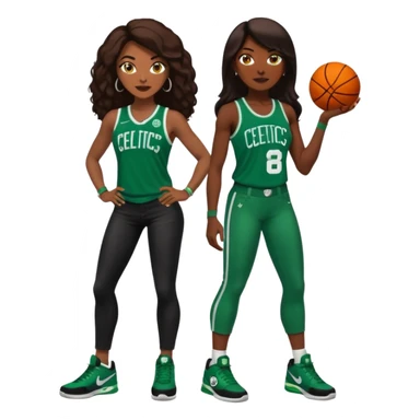 48-year-old dark skin black woman with brown eyes, long dark brown hair dressed in sexy Boston 
celtics outfit & wearing stilettos. A White bald white man with orange beard & facial hair. He has blue eyes, is wearing a Jason Tatum Boston Celtics Jersey, jeans & green Nike sneakers  sticker
