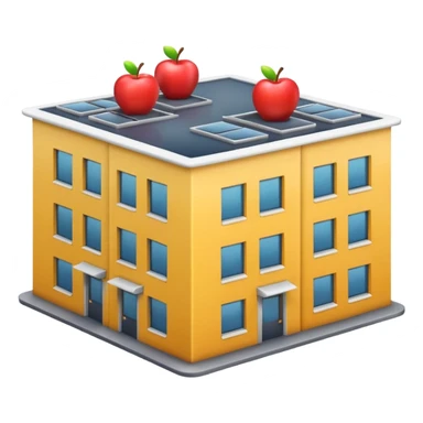 3D emoji-style icon of a small office building, showing people at desks through windows, Apple iOS style, soft lighting, glossy finish, white background sticker