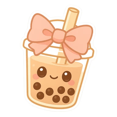 chibi sticker-style bubble tea with a big bow, cute and exaggerated sticker