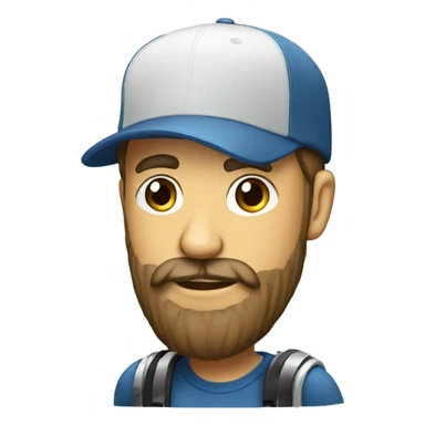 bearded man with a cap in front of a microphone sticker