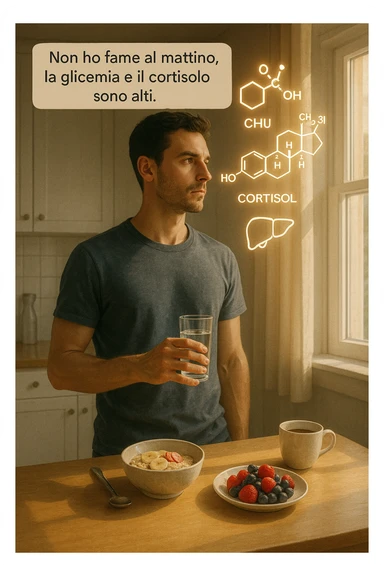 A realistic, cinematic illustration of a man in his early 30s with a lean, healthy build, standing calmly in a bright, minimal kitchen in the early morning. On the kitchen table, there is a prepared but untouched healthy breakfast (oatmeal, fruit, coffee). The man, with a neutral and focused expression, holds a glass of water while looking out of the window where morning sunlight enters. Above him, subtle glowing medical icons display: a glucose molecule, a cortisol hormone symbol, and a liver icon, indicating high morning blood sugar and cortisol levels. A small speech bubble or text overlay says: ‘Non ho fame al mattino, la glicemia e il cortisolo sono alti.’ The scene conveys a sense of calm, clarity, and body awareness, showing that the man consciously avoids breakfast due to physiological signals rather than restrizione. The style is realistic, warm, with a slight film grain, emphasizing health and conscious self-regulation. sticker