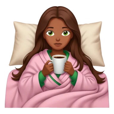 woman with very long brown hair and green eyes in a light pink blanket sleepy with coffee sticker