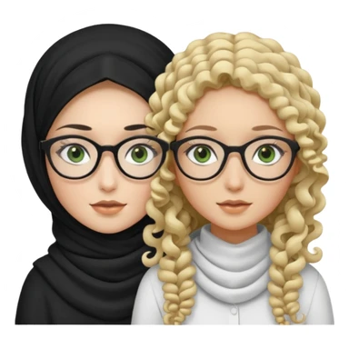 White hijabi girl with black eyes and black long hair white girl and black eyes wearing glasses and a white skin girl with curly honey hair and green eyes sticker