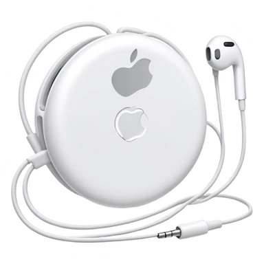 White Apple EarPods with cord coiled in a circle, white wired headphones neatly wrapped in circular shape, iOS style sticker