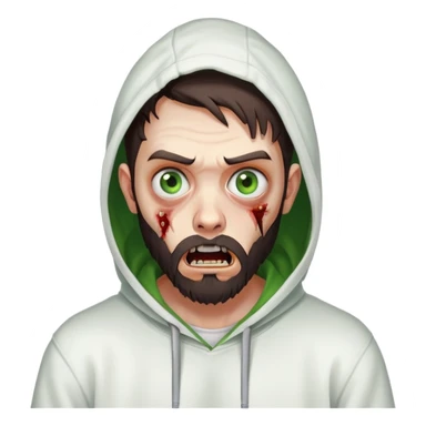 zombie with shocked expression, undercut hairstyle with dark brown hair, short full beard, heterochromia with one green eye and one brown eye, wearing plain white hoodie sticker