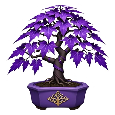  small short cascading black violet bonsai pot plant purple filigree-leaves maple tree with triangular angular multi-hexagon faceted asymmetrical originally shaped pot sticker