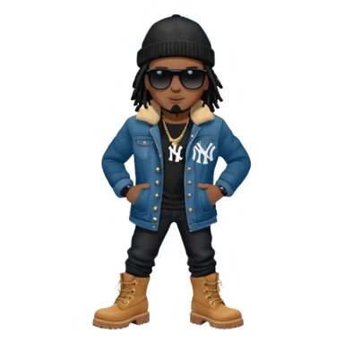 African American man with shoulder length black dreadlocks with black bead wearing black sunglasses with wearing denim skinny jeans wearing black bubble winter coat wearing black New York Yankees baseball hat and wheat timberland boots with arms folded sticker