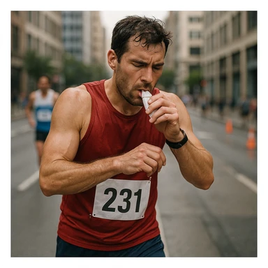 realistic 4K quality image of a runner during a race stopping briefly to take a sugar packet, expression of fatigue and concentration, urban environment sticker