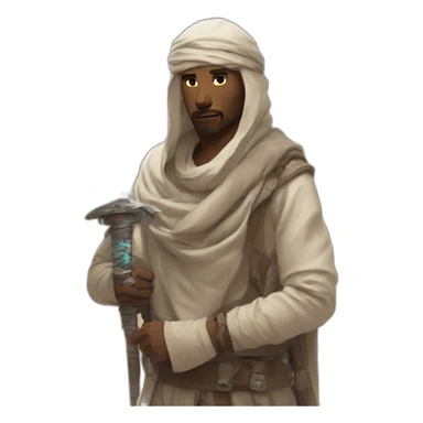 desert man wearing shimagh and handling a cyberpunk sword sticker