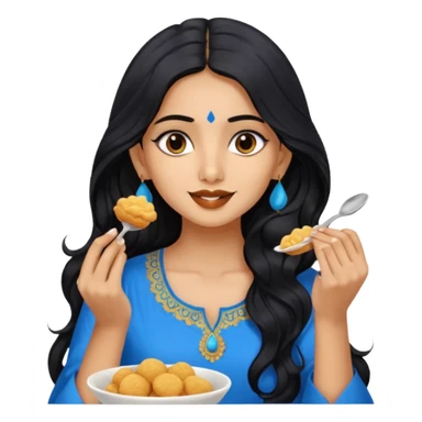 a pretty tan indian bratz girl with wavy long BLACK hair. eyeliner on, wearing a blue kurti, eating golgappa (without spoon) sticker