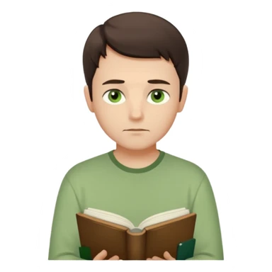 Thoughtful gentle man, fair skin, short dark brown hair, calm green eyes, simple light green shirt, waist-up front-facing, holding a closed book, serene expression, minimal background, soft lighting. sticker