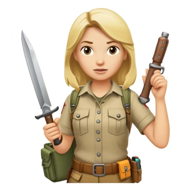 Blonde female wilderness explorer Melissa Backwoods holding a survival knife sticker