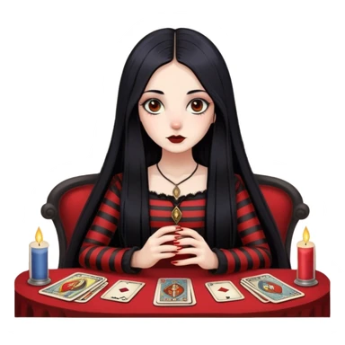 girl with long black hair in a respite of red stripes. with round eyes and a snub nose. oval face. dressed in gothic style and makes a layout on tarot cards sticker