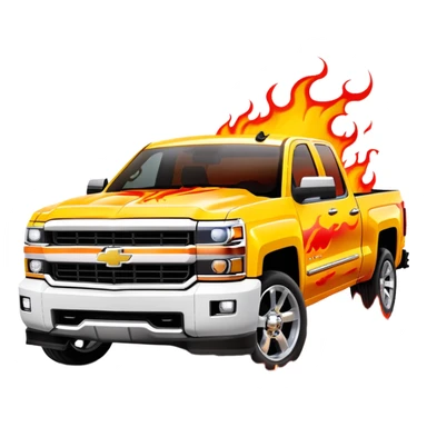 Bright yellow Chevrolet Silverado with professionally airbrushed red flame artwork with orange highlights, custom paint job like in Kill Bill, 30-degree angle showing detailed flames, iOS emoji style sticker