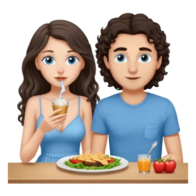 white girl, dark brown long slightly curly hair , skinni but with big breast , septum piercing on nose, beautiful dark gray-blue eyes, having luch with her bf  sticker
