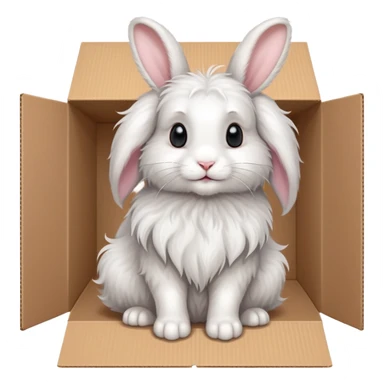  A very cute young Angora long haired rabbit  with one's head tilted to one side poked its paws out of the cardboard big box and placed them on top of it sticker