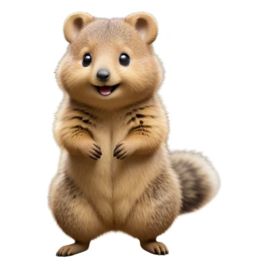 cinematic-quokka-realistic-full-body-standing on its hind legs hunched over-emoji,-small-round-frame-balanced-on-tiny-strong-hind-legs,giant fluffy cheeks large smile-fluffy-brown-fur-radiating-a-warm-softness,-big-round-eyes-filled-with-joy-and-innocence,-tiny-clawed-paws-held-close-to-chest,-cheerful-smile-exuding-endearing-happiness,-simplified-yet-realistic-focused-features,-highly-detailed,-glowing-with-a-sunny-warmth sticker