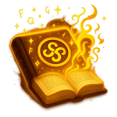 Make the mystic yellow book even more mystical in the style of apple emojis. Add a glowing magical aura, floating runes, swirling sparkles, and mysterious energy around the book. Keep no background. sticker