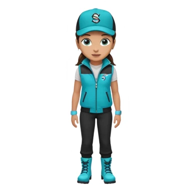 A landscaper in a beautiful turquoise jacket and turquoise boots, black pants, and a black sleeveless shirt. On his head is a black Swissotel baseball cap. The girl is a brunette with blue eyes. sticker