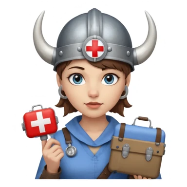 A young woman with beautiful blue eyes, short brown hair shaved on the sides, giving her a Viking look and a horned helmet. She holds a medical kit with a red cross icon in her hand. A stereoscope hangs around her neck. sticker