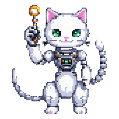 pixel art cat with a robotic arm, retro gaming vibe sticker