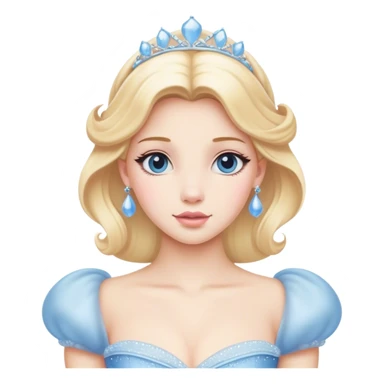 Cinematic Realistic Cinderella Portrait, depicted with lifelike porcelain skin, elegantly styled blonde hair, and a serene, graceful expression. Dressed in her classic ball gown with intricately detailed fabric textures and delicate pastel hues that catch soft, natural lighting, this portrait captures the timeless beauty of a fairy tale princess. sticker