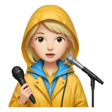 woman with rain coat and microphone sticker