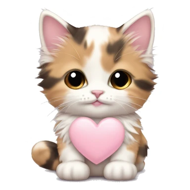 calico fluffy fat kitten with pale pink bow holding a pale pink heart sticker