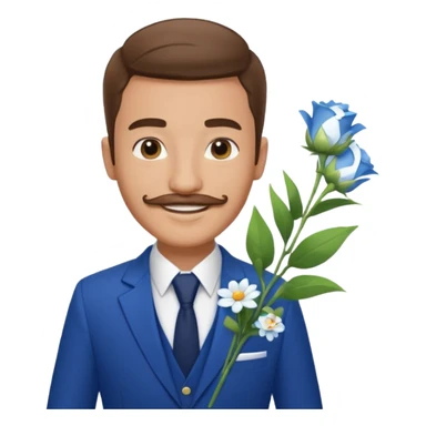 Homme 23 ans léger bouc moustache en costume bleu chemise blanche insigne cabin crew portant bouquet fleur blanche souriant  sticker