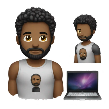 Emojy d'un homme, avec l'ordinateur portable devant, style Apple, moderne, une légère barbe bien taillée, des cheveux chauves, un t-shirt Marvel noir, un ordinateur à la main sticker