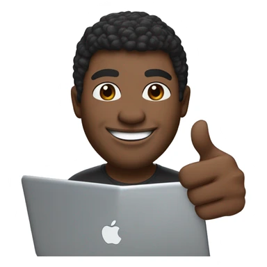Design an iOS-style Memoji of a dark-skinned software engineer with a big smile. The Memoji should be slightly turned, giving a thumbs-up with the right hand and holding a Dell Precision 5680 laptop with the left hand. It should wear a beige hat sticker